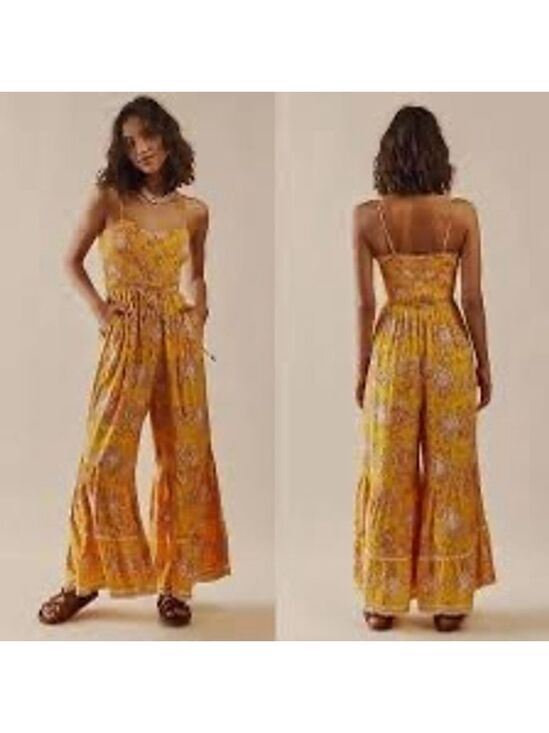 Free People Pants - Free People Little of Your Love Floral Smocked Wide Leg Jumpsuit L Mustard